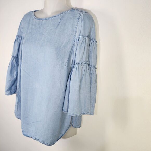 J Jill Denim Top XS Petite Chambray Tiered Ruffle Bell Sleeve Tencel Lyocell Blu - Picture 5 of 13